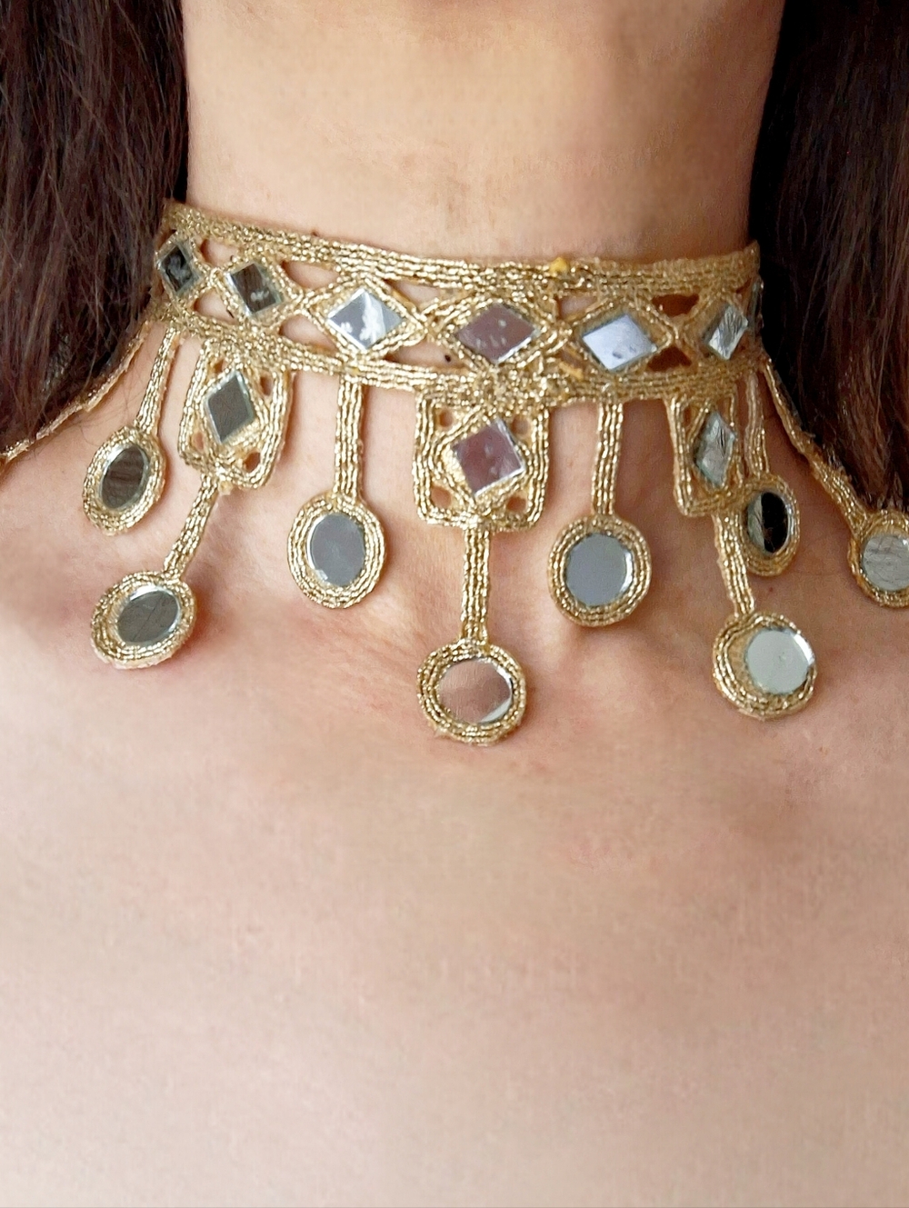 Handmade Gold Mirror Fringe Choker Necklace - Picture 3 of 5